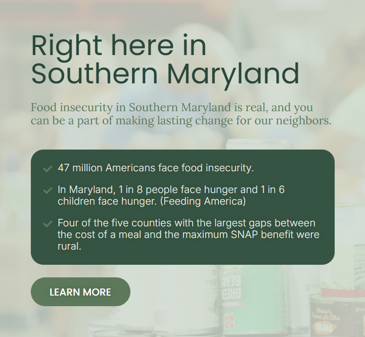 Right here in Southern Maryland — food insecurity facts: 47 million Americans face food insecurity; in Maryland 1 in 8 people and 1 in 6 children face hunger; four of the five counties with the largest gaps between meal cost and maximum SNAP benefit were rural.